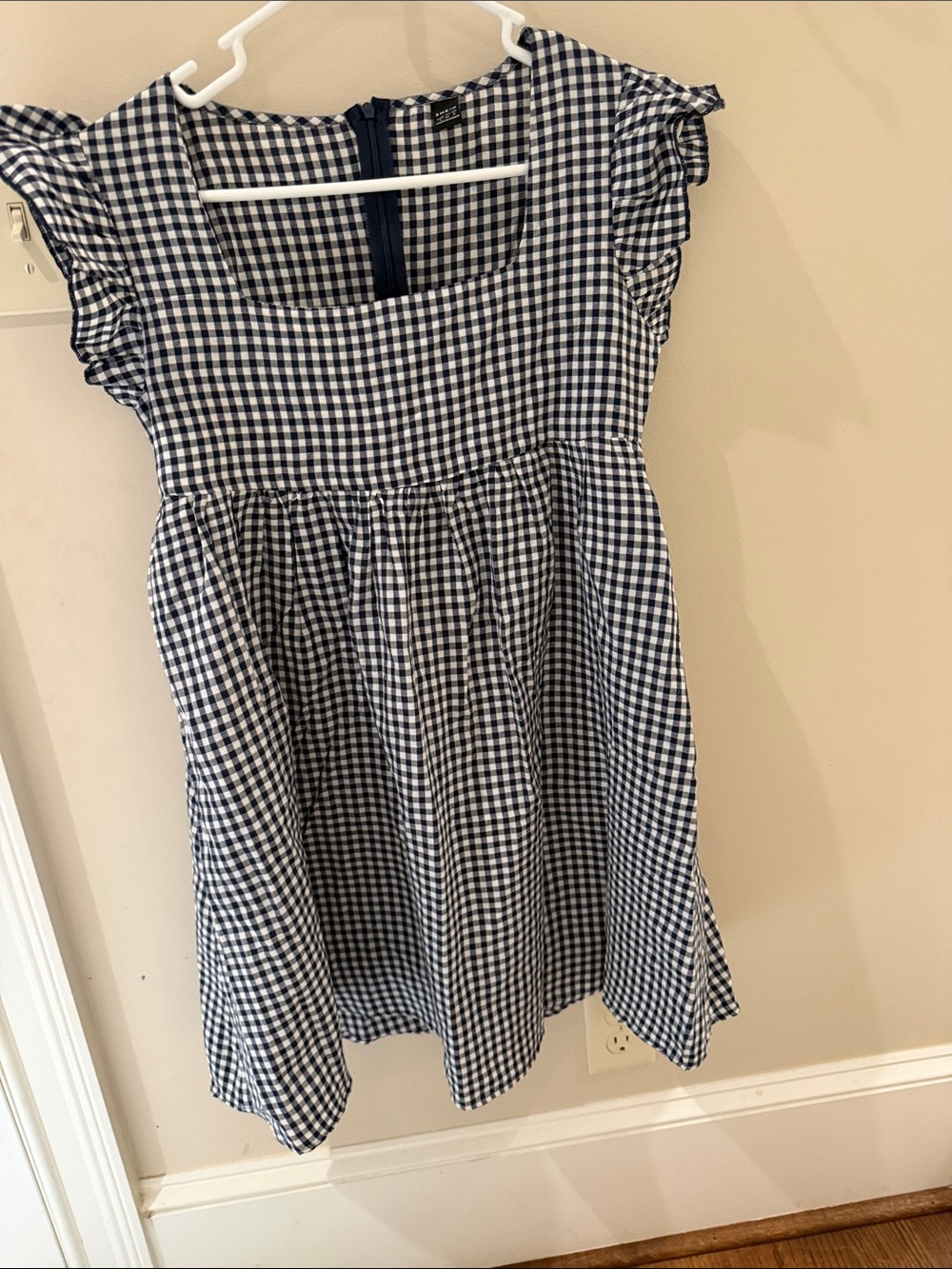 SHEIN Navy and White Gingham Ruffle Sleeve Dress